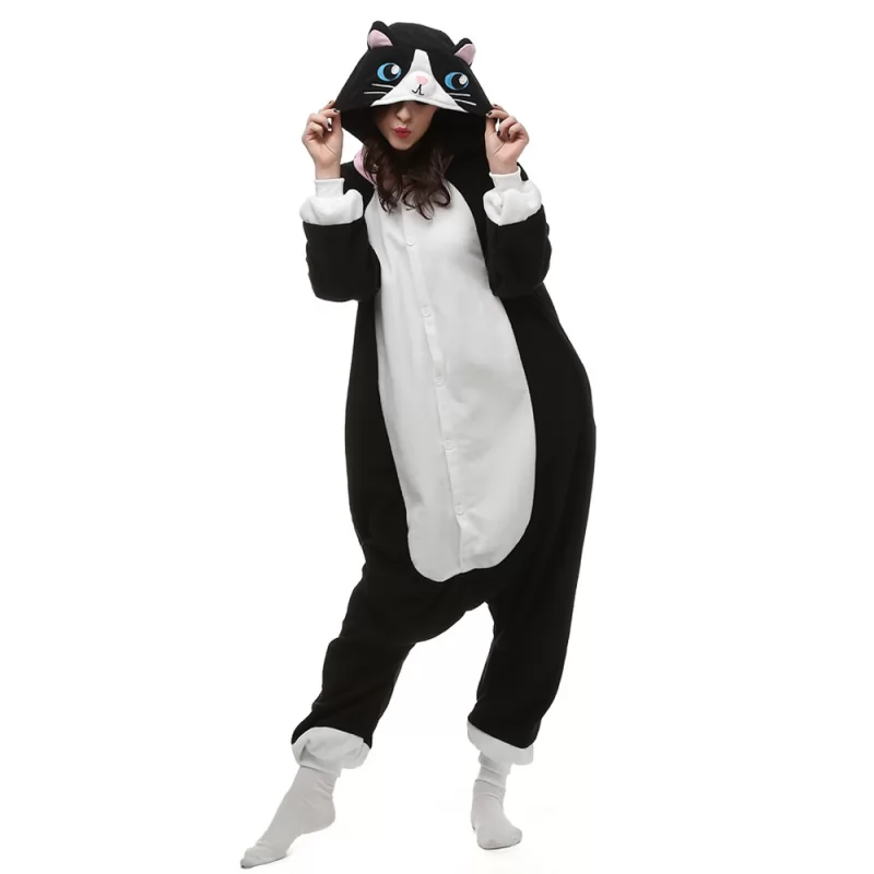 DANXEN Black Cat Kigurumi Unisex Fleece Pajamas Onesie