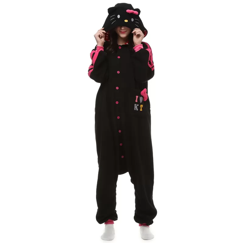 DANXEN Black KT Cat Kigurumi Unisex Fleece Pajamas Onesie