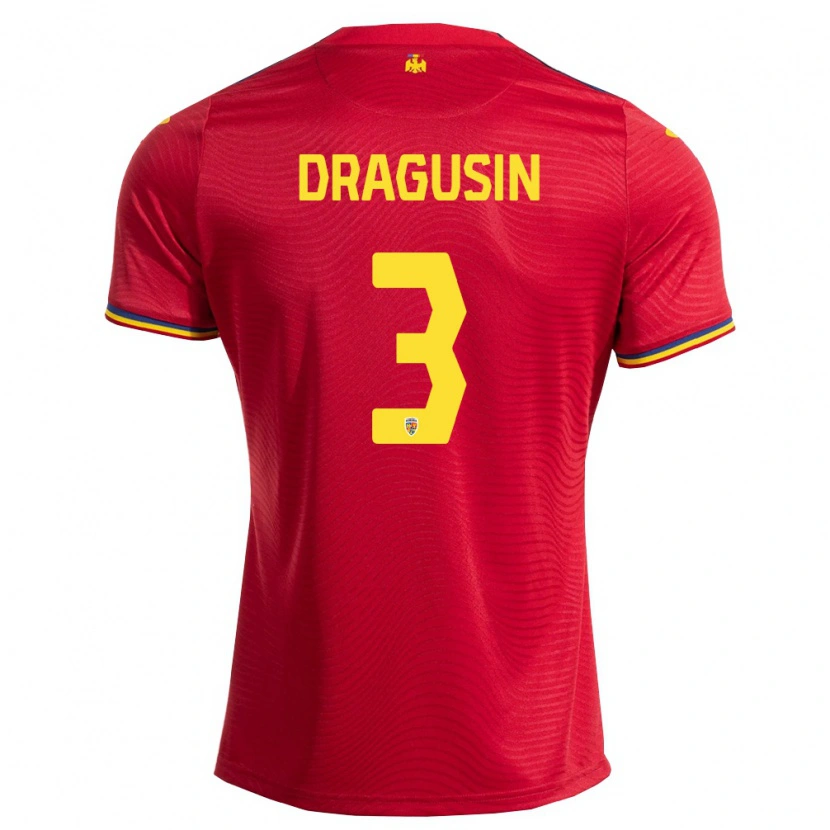 Danxen Men Romania Radu Drăgușin #3 Red Navy Yellow Away Jersey 26-28 T-Shirt