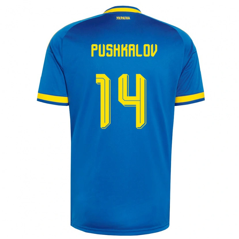 Danxen Kid Ukraine Dmytro Pushkalov #14 Blue Yellow Navy Away Jersey 26-28 T-Shirt