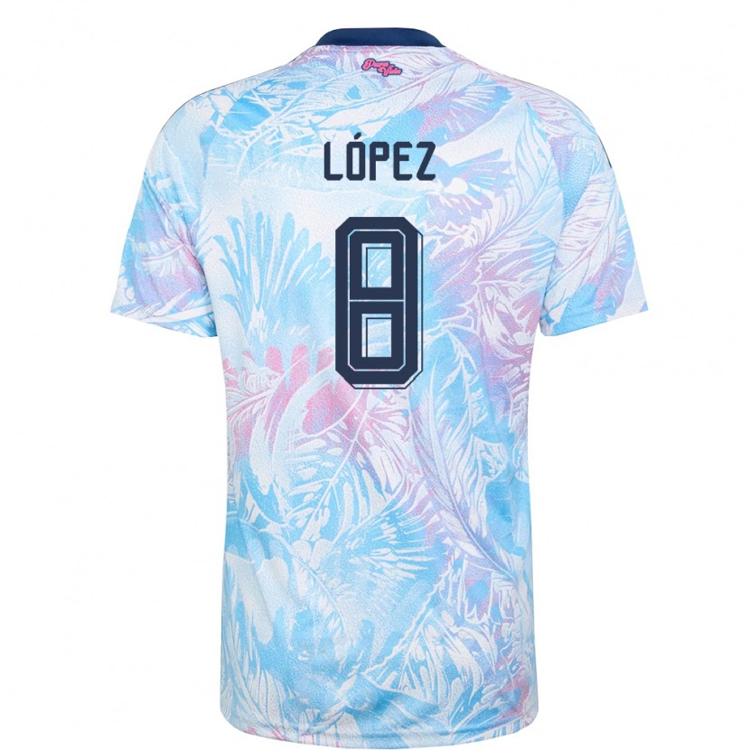 Danxen Kid Costa Rica Ismael López #8 Sky Blue Navy Pink Away Jersey 26-28 T-Shirt